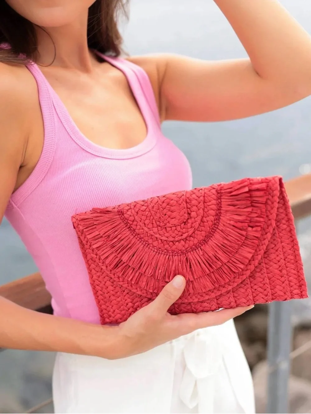 Shiraleah Sarah Clutch Red Woven Paper Straw Snap Closure Handbag New No Tag